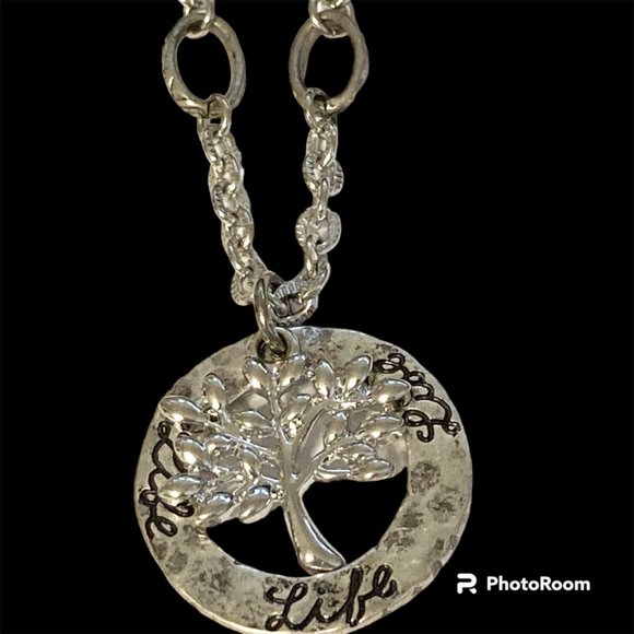 Tree of Life Pendant Necklace 18-21" Chain Message LIFE Silver Tone Serenity - Picture 2 of 11